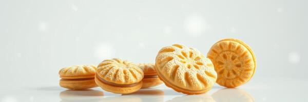 Delicious freshly baked cookies displayed on a clean surface, showcasing intricate designs and golden brown colors photo