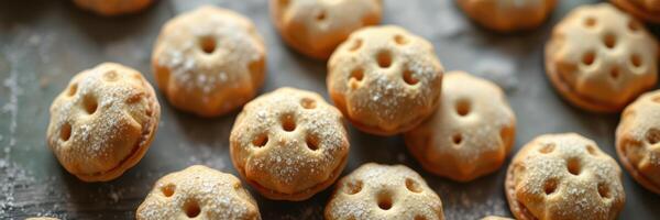 Delightful traditional pastries arranged neatly on a wooden surface with flour dusting in a warm kitchen setting photo