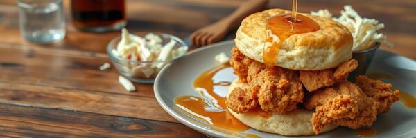 Southern style chicken and biscuit stack with syrup served on a wooden table photo