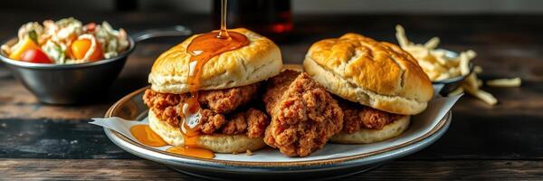 Delicious fried chicken sandwiches drizzled with syrup served on a plate with sides in a cozy setting photo