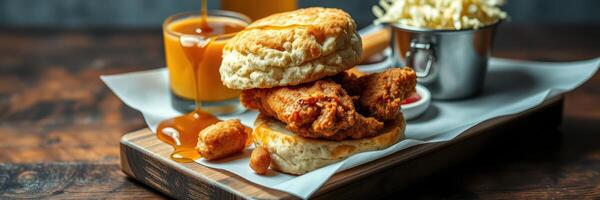Delicious fried chicken sandwich served with honey and crispy sides at a cozy restaurant during lunch hour photo