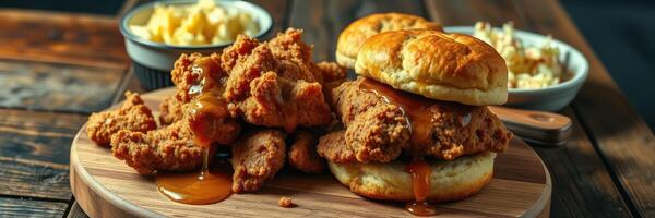 Delicious fried chicken served on a wooden platter with biscuits and sides in a casual dining setting photo