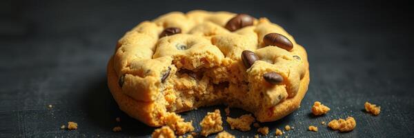Delicious chocolate chip cookie with a bite taken out and crumbs scattered around on a dark surface photo