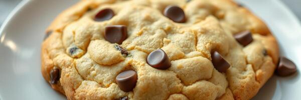 Freshly baked chocolate chip cookie on a white plate, showcasing a golden crust and rich chocolate morsels photo