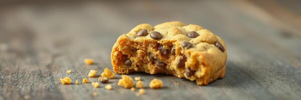 Delicious chocolate chip cookie with a bite taken out, showcasing gooey interior and crispy edges on wooden table photo