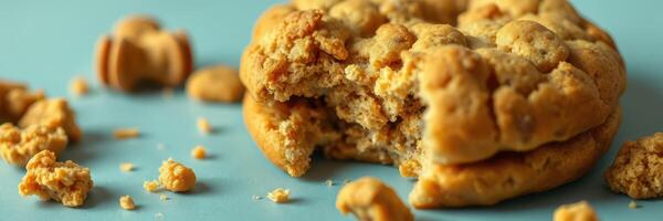 Oatmeal cookie with a bite taken out, scattered crumbs on a light blue background photo