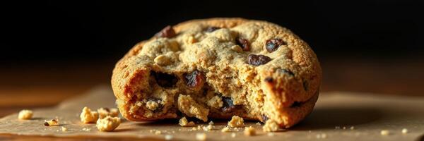 Freshly baked chocolate chip cookie with a bite taken from it on a wooden surface photo