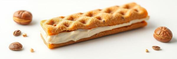 Crispy wafer dessert filled with creamy vanilla and surrounded by coffee beans on a white background photo