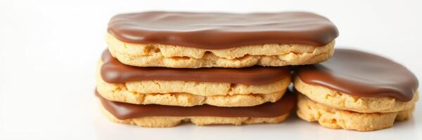 Delicious chocolate-covered cookies stacked on a bright background for a tempting treat photo