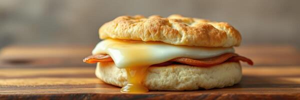 Savory breakfast sandwich featuring melted cheese, ham, and a fluffy biscuit on a wooden board photo