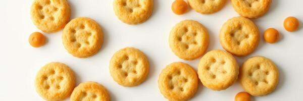 Crunchy golden snacks with a variety of shapes and textures scattered on a plain background photo