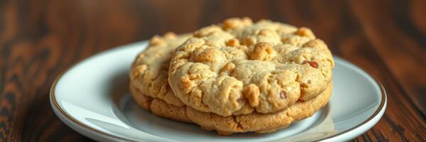Freshly baked cookies on a white plate with a wooden table background photo