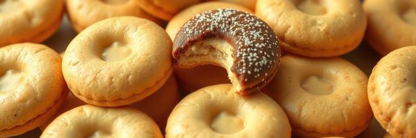Delicious cookies with one unique donut-shaped treat showcasing a bite photo