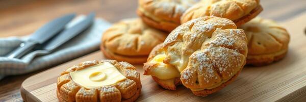 Freshly baked pastries arranged on a wooden board with silver cutlery nearby photo