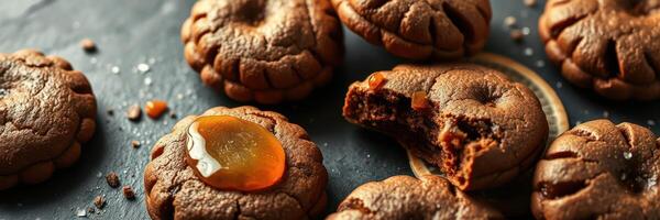 Indulging in freshly baked chocolate cookies with fruit jam filling on a rustic table setting photo