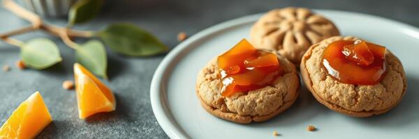 Delicious cookies with fruit preserves on a serving plate in a cozy kitchen setting photo