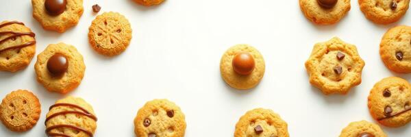 Assorted cookies arranged on a white surface showcasing various designs and toppings perfect for a sweet treat photo