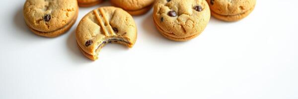 Delicious chocolate chip cookies arranged attractively on a white surface with one cookie partially eaten photo