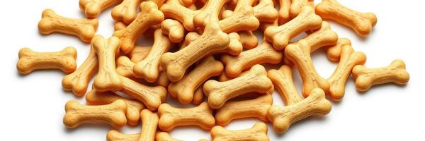 Dog treats shaped like bones scattered on a white background suitable for pets of all sizes photo