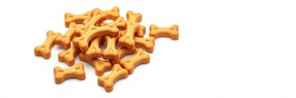 Crunchy dog treats shaped like bones arranged on a white background for pet snacks photo