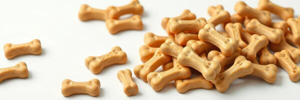 Crunchy dog treats scattered on a white surface with playful bones arranged unevenly photo