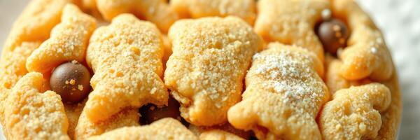 Delightful bear-shaped cookies decorated with powdered sugar and chocolate candies on a white plate photo