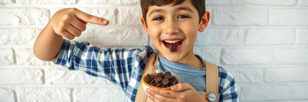 Joyful child enjoying chocolate treats while pointing at a dessert in a kitchen setting with a bright background photo