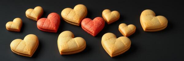 Baking heart-shaped cookies in various sizes and colors on a dark background for special occasions photo