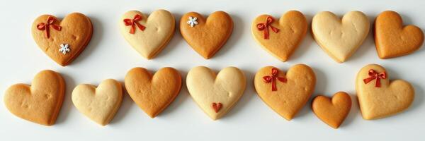 Heart-shaped cookies decorated with ribbons and flowers arranged on a white surface photo