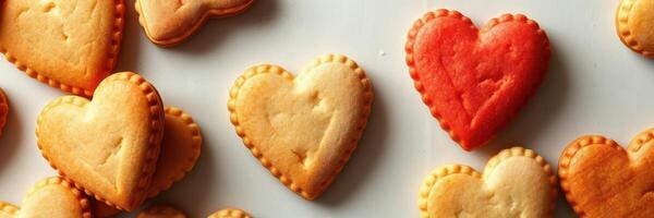 Heart-shaped cookies arranged on a white surface, showcasing a mix of colors and textures during a festive celebration photo
