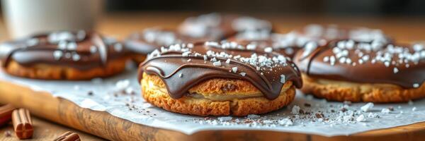 Round cookies topped with chocolate and sprinkled with sea salt on a wooden surface in a cozy kitchen setting photo