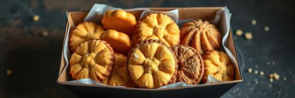 Freshly baked cookies in a decorative box showcasing various shapes and textures in warm colors photo