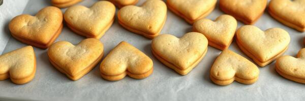 Heart-shaped cookies cooling on parchment paper in a home kitchen during a warm afternoon photo