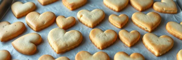 Heart-shaped cookies cooling on a baking tray after being freshly baked in a home kitchen photo