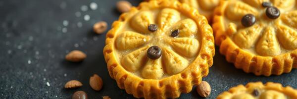 Deliciously crafted nut pastries with coffee beans on a dark stone background photo