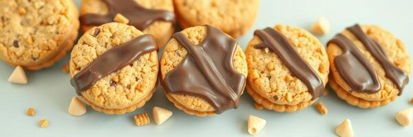 Delicious cookies with chocolate drizzles and butterscotch bits on a light blue background photo