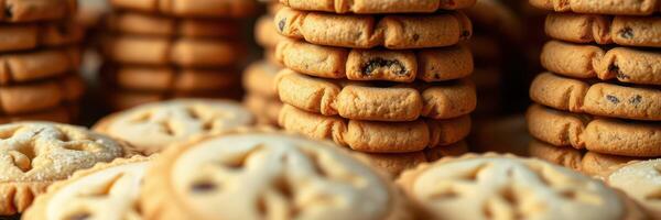 Delicious assortment of freshly baked cookies stacked elegantly on a table in a sunny kitchen setting photo