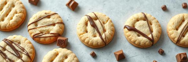 Delicious cookies with chocolate drizzle and chunks displayed on a gray surface photo
