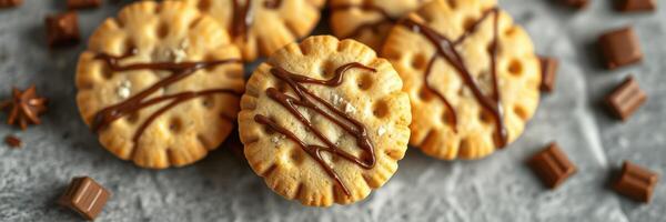 Delicious cookies with chocolate drizzle on a textured surface inviting a sweet treat experience in a cozy setting photo