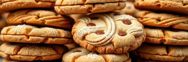 galletas apilado pulcramente en un mesa, exhibiendo su delicioso diseños y texturas en un cálido, atractivo ajuste foto