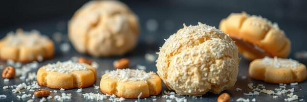 Freshly baked coconut cookies with a sprinkle of shredded coconut in a culinary setting photo