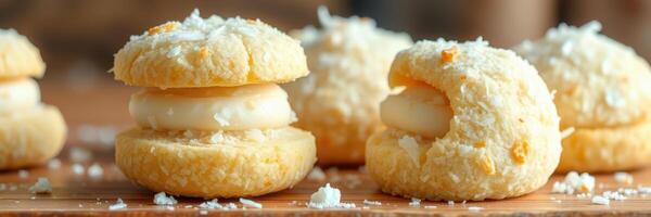 Delicious homemade coconut cookies filled with creamy custard served on a wooden surface photo