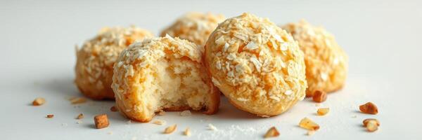 Delicious coconut cookies fresh from the oven placed on a light surface surrounded by scattered crumbs photo