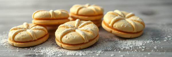 Deliciously crafted cookies with powdered sugar arranged on a wooden surface, showcasing intricate designs and inviting appeal photo