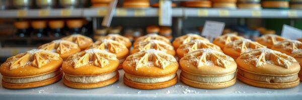 Deliciously crafted cookies lined up in a bakery showcasing intricate designs and appealing textures photo