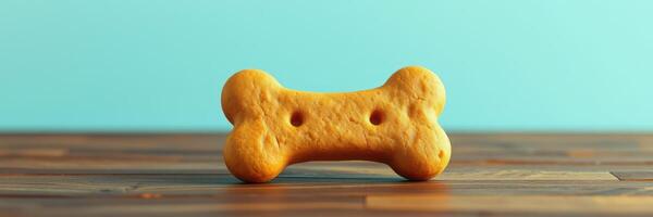 Dog treat shaped like a bone on a wooden surface with a blue background photo