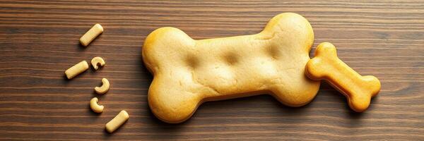 Delicious dog-shaped cookie with smaller treats arranged artfully on a wooden surface photo