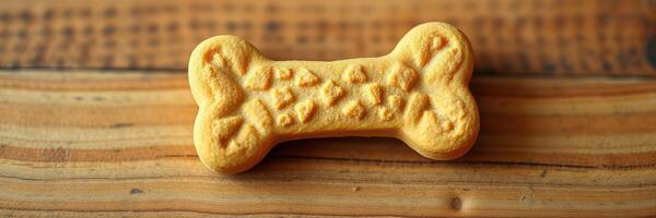 Dog treat shaped like a bone displayed on a rustic wooden surface inviting a pet snack experience photo