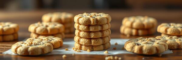 Freshly baked cookies arranged on a wooden table, showcasing a delicious variety of textures and flavors photo