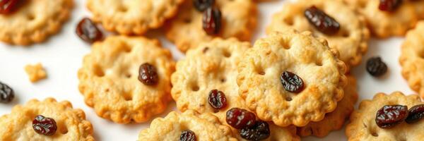 Delicious crunchy cookies topped with raisins perfect for snacking at any time of day photo